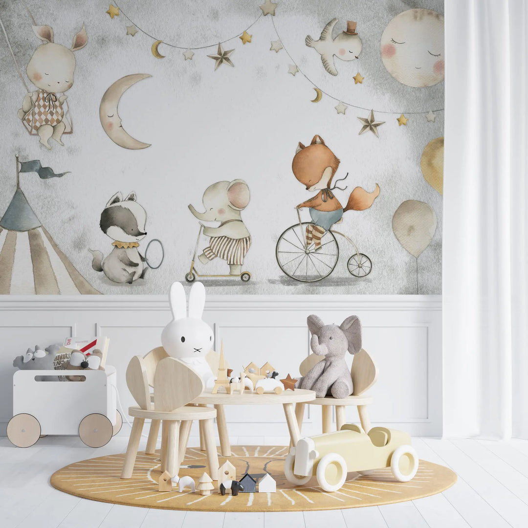 Tapet personalizat lumea animalelor pentru copii cu elefant vulpe si iepuras la circ pe un fundal alb gri
