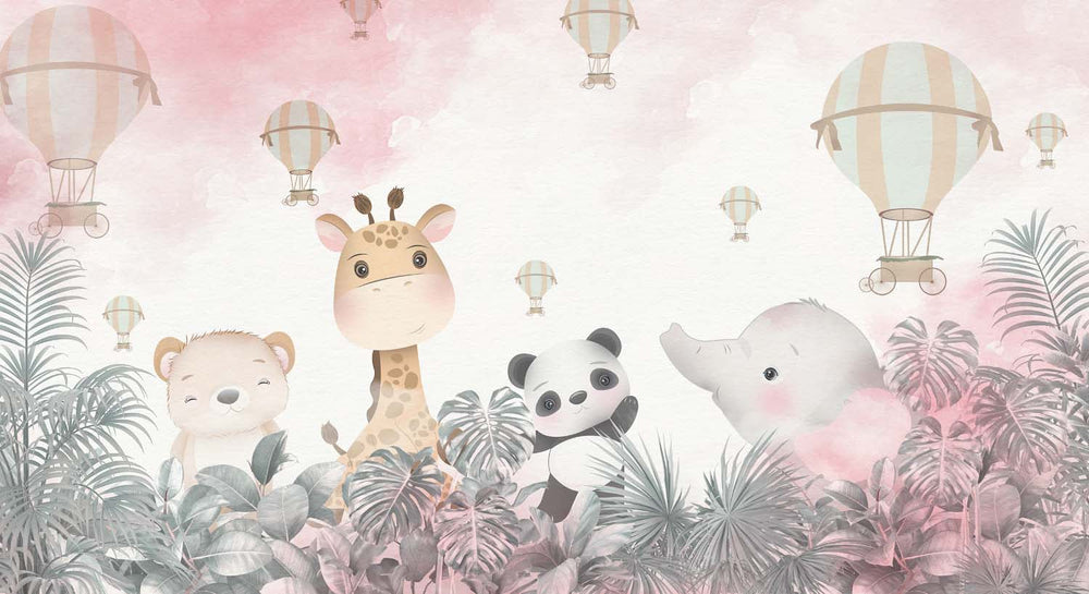 Tapet Personalizat Lumea Animalelor cu animalute in jungla tropicala roz si baloane cu aer cald - PINK SKY BALLOONS