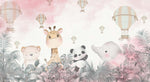 Tapet Personalizat Lumea Animalelor cu animalute in jungla tropicala roz si baloane cu aer cald - PINK SKY BALLOONS