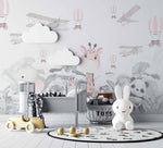 Tapet Personalizat Lumea Animalelor cu animalute in jungla tropicala cu avioane si baloane cu aer cald in nuante pastel - PASTEL CUTENESS