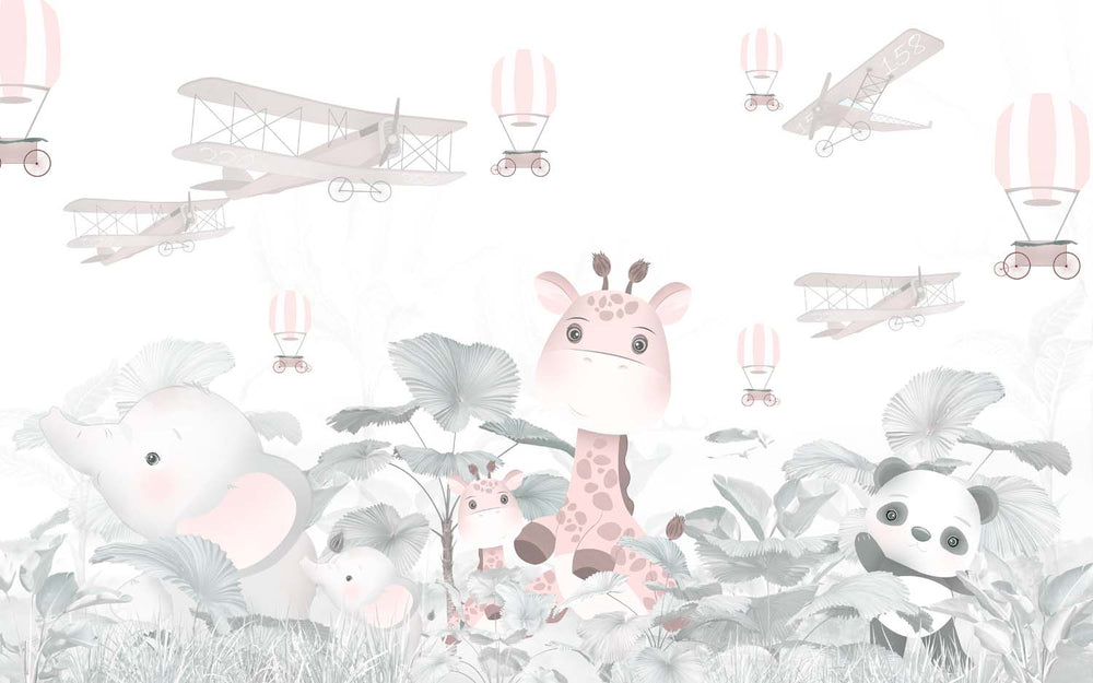 Tapet Personalizat Lumea Animalelor cu animalute in jungla tropicala cu avioane si baloane cu aer cald in nuante pastel - PASTEL CUTENESS