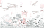 Tapet Personalizat Lumea Animalelor cu animalute in jungla tropicala cu avioane si baloane cu aer cald in nuante pastel - PASTEL CUTENESS