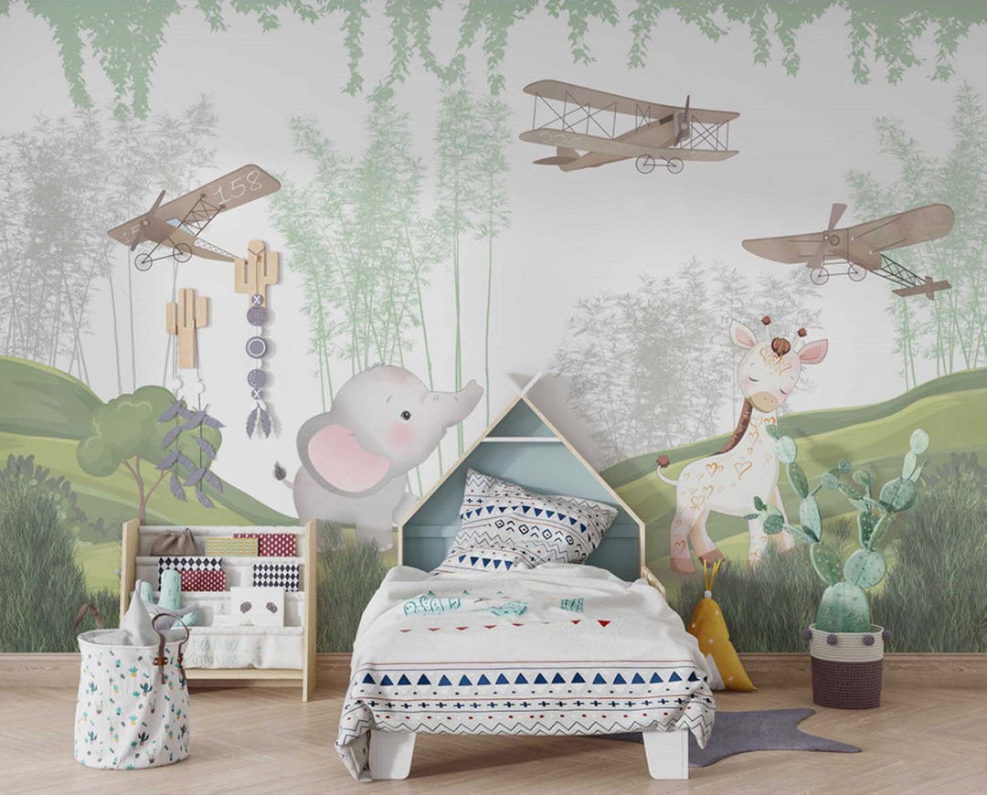 Tapet Personalizat Lumea Animalelor cu elefant si girafa intr-un camp inverzit cu copaci si avioane - GREEN FIELD ANIMALS