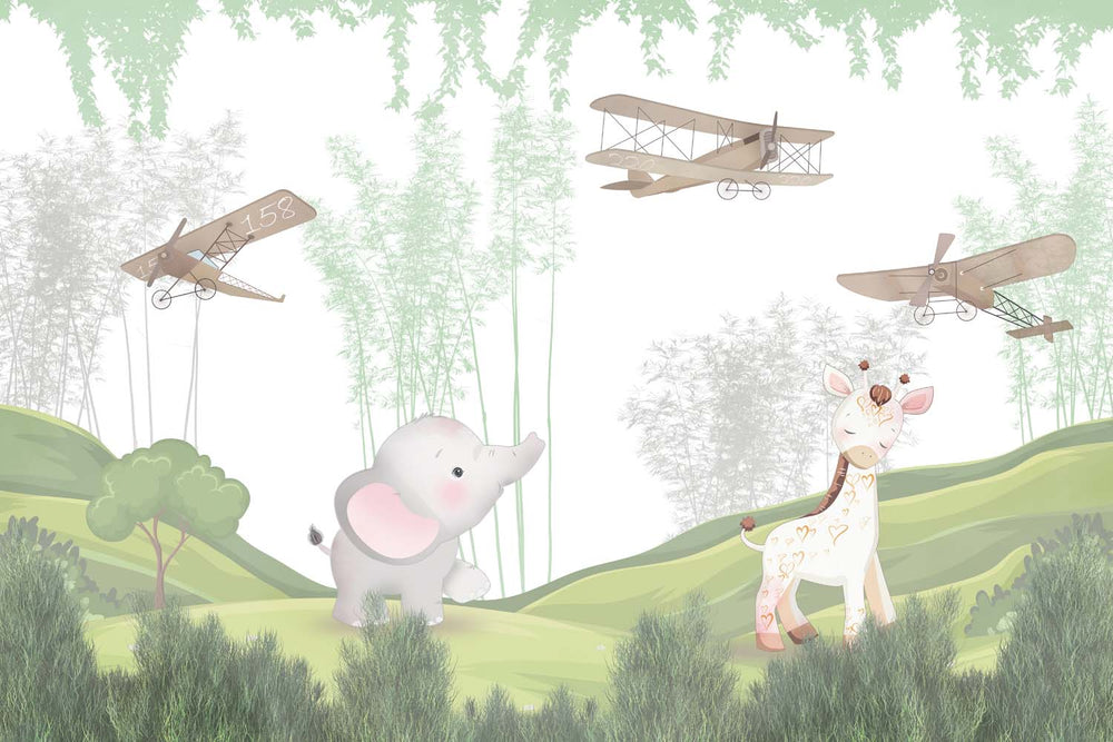 Tapet Personalizat Lumea Animalelor cu elefant si girafa intr-un camp inverzit cu copaci si avioane - GREEN FIELD ANIMALS