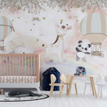 Tapet Personalizat Lumea Animalelor cu animale exotice mergand pe curcubeu printre baloane cu aer cald in nuante calde - OVER THE RAINBOW
