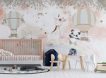 Tapet Personalizat Lumea Animalelor cu animale exotice mergand pe curcubeu printre baloane cu aer cald in nuante calde - OVER THE RAINBOW
