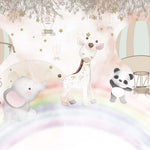 Tapet Personalizat Lumea Animalelor cu animale exotice mergand pe curcubeu printre baloane cu aer cald in nuante calde - OVER THE RAINBOW