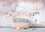 Tapet Personalizat Lumea Animalelor cu animale exotice mergand pe curcubeu printre baloane cu aer cald in nuante roz - OVER THE RAINBOW II