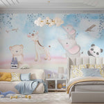 Tapet Personalizat Lumea Animalelor cu ursulet, panda, elefanti si girafa peste curcubeu printre avioane - FLYING RAINBOW