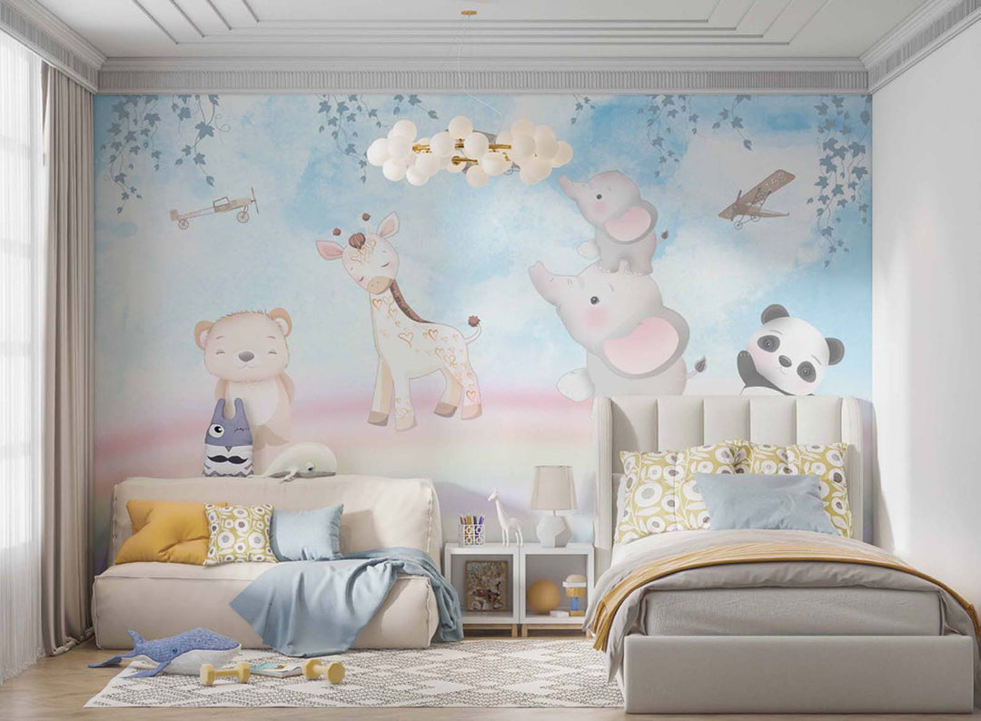 Tapet Personalizat Lumea Animalelor cu ursulet, panda, elefanti si girafa peste curcubeu printre avioane - FLYING RAINBOW