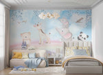 Tapet Personalizat Lumea Animalelor cu ursulet, panda, elefanti si girafa peste curcubeu printre avioane - FLYING RAINBOW