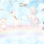 Tapet Personalizat Lumea Animalelor cu ursulet, panda, elefanti si girafa peste curcubeu printre avioane - FLYING RAINBOW