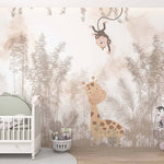 Tapet Personalizat Lumea Animalelor cu animale salbatice in padurea tropicala in nuante de bej-maro - EXOTIC AUTUMN ANIMALS