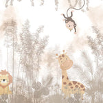 Tapet Personalizat Lumea Animalelor cu animale salbatice in padurea tropicala in nuante de bej-maro - EXOTIC AUTUMN ANIMALS