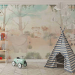 Tapet Personalizat Lumea Animalelor cu animale exotice in padurea cu palmieri pe un fundal estompat - DUSTY FOREST ANIMALS