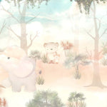 Tapet Personalizat Lumea Animalelor cu animale exotice in padurea cu palmieri pe un fundal estompat - DUSTY FOREST ANIMALS