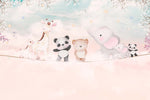Tapet Personalizat Lumea Animalelor cu ursi panda, girafe si elefanti stand pe o franghie deasupra cerului roz - ON THE ROPE PINK