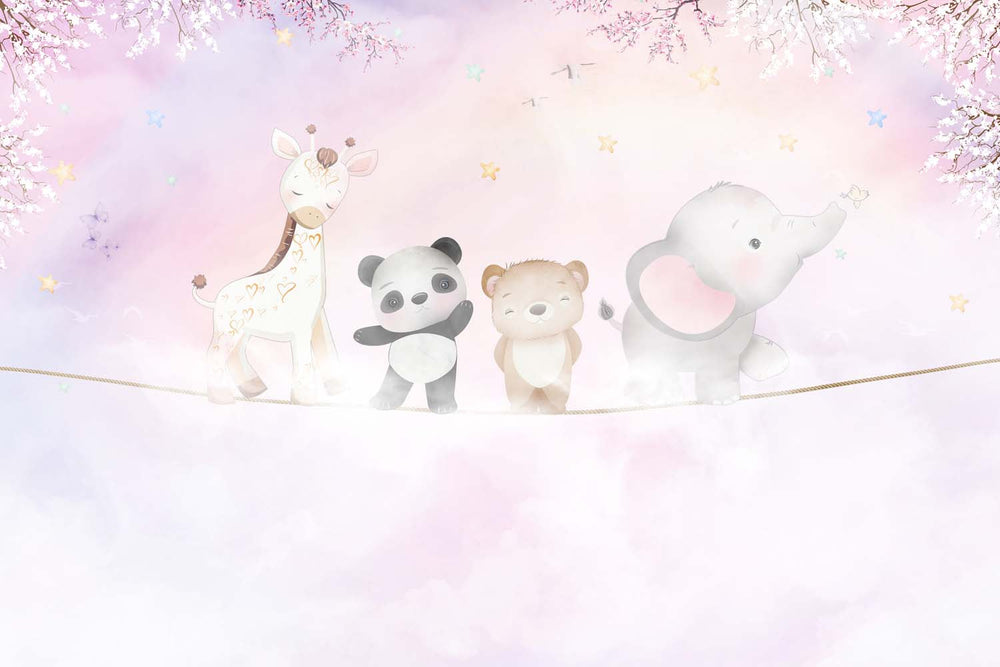 Tapet Personalizat Lumea Animalelor cu animalute exotice asezate pe franghie aflate in ceata pe un fundal mov - ON THE ROPE PURPLE