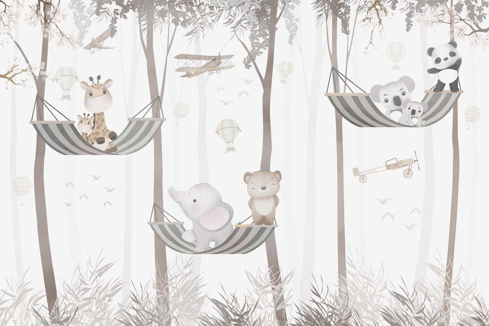 Tapet Personalizat Lumea Animalelor cu familii de animalute exotice in hamace in padurea tropicala - SHARING HAMMOCKS