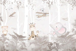 Tapet Personalizat Lumea Animalelor cu girafe si elefanti alergand prin padurea tropicala bej - JUMPING GIRAFFE