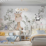 Tapet Personalizat Lumea Animalelor cu pui de panda, elefant, girafa si ursulet printre frunzele padurii tropicale  - WAVING BABY PANDA