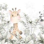 Tapet Personalizat Lumea Animalelor cu pui de panda, elefant, girafa si ursulet printre frunzele padurii tropicale  - WAVING BABY PANDA