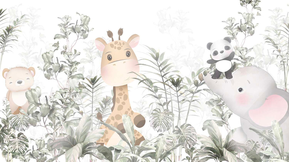 Tapet Personalizat Lumea Animalelor cu pui de panda, elefant, girafa si ursulet printre frunzele padurii tropicale  - WAVING BABY PANDA