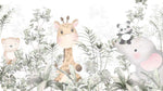 Tapet Personalizat Lumea Animalelor cu pui de panda, elefant, girafa si ursulet printre frunzele padurii tropicale  - WAVING BABY PANDA