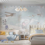 Tapet Personalizat Lumea Animalelor cu panda, elefant si girafa mergand prin zapada sub avioane si stegulete - EXOTIC WINTER