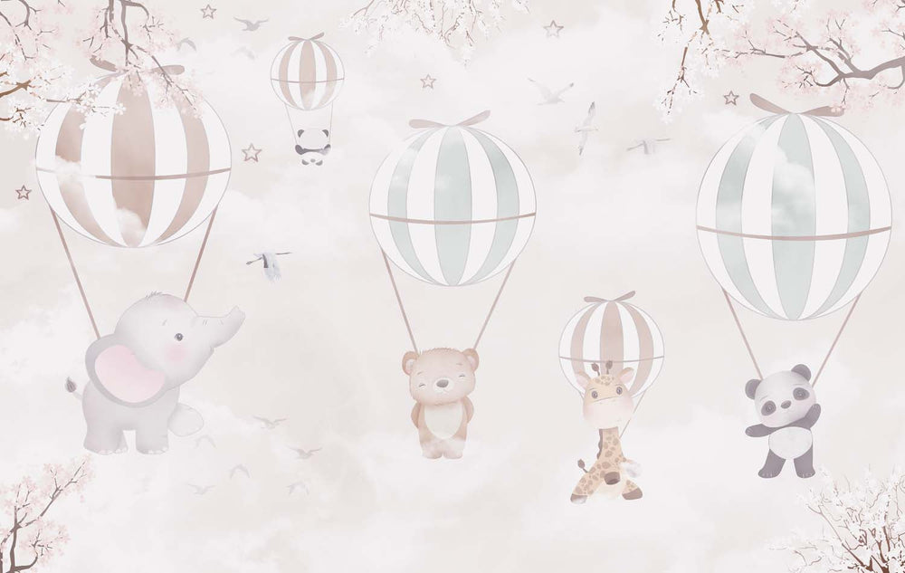 Tapet Personalizat Lumea Animalelor cu animale exotice zburand agatate de baloane - ANIMAL BALOONS