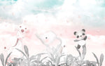 Tapet Personalizat Lumea Animalelor cu animalute printre frunze tropicale cu cer instelat roz - STARRY SERENITY
