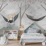 Tapet Personalizat Lumea Animalelor cu urs si elefant in hamace agatate de copacii infloriti si avioane zburand pe cer - HAMMOCK BY THE PLANE