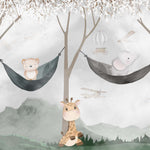 Tapet Personalizat Lumea Animalelor cu urs si elefant in hamace agatate de copacii infloriti si avioane zburand pe cer - HAMMOCK BY THE PLANE