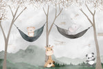 Tapet Personalizat Lumea Animalelor cu urs si elefant in hamace agatate de copacii infloriti si avioane zburand pe cer - HAMMOCK BY THE PLANE