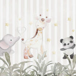 Tapet Personalizat Lumea Animalelor cu elefant girafa si panda printre frunze tropicale si fundal in dungi bej - ANIMAL STRIPE WALL