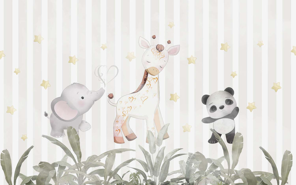 Tapet Personalizat Lumea Animalelor cu elefant girafa si panda printre frunze tropicale si fundal in dungi bej - ANIMAL STRIPE WALL