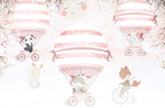 Tapet Personalizat Lumea Animalelor cu animale calatorind in baloane cu aer cald roz printre copaci infloriti - PINK BICYCLE BALLOONS