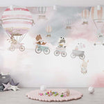 Tapet Personalizat Lumea Animalelor cu animale zburand in trenuletul balon pe cerul cu nori roz - PINK TRAIN FLIGHT