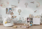 Tapet Personalizat Lumea Animalelor cu animale calatorind prin vegetatie cu avioane si baloane pe cerul senin - SUNNY TRAVELS