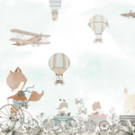 Tapet Personalizat Lumea Animalelor cu animale calatorind prin vegetatie cu avioane si baloane pe cerul senin - SUNNY TRAVELS