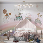 Tapet Personalizat Lumea Animalelor cu animalute plimbandu-se in trenulet peste curcubeu cantand  - MUSICAL RAINBOW