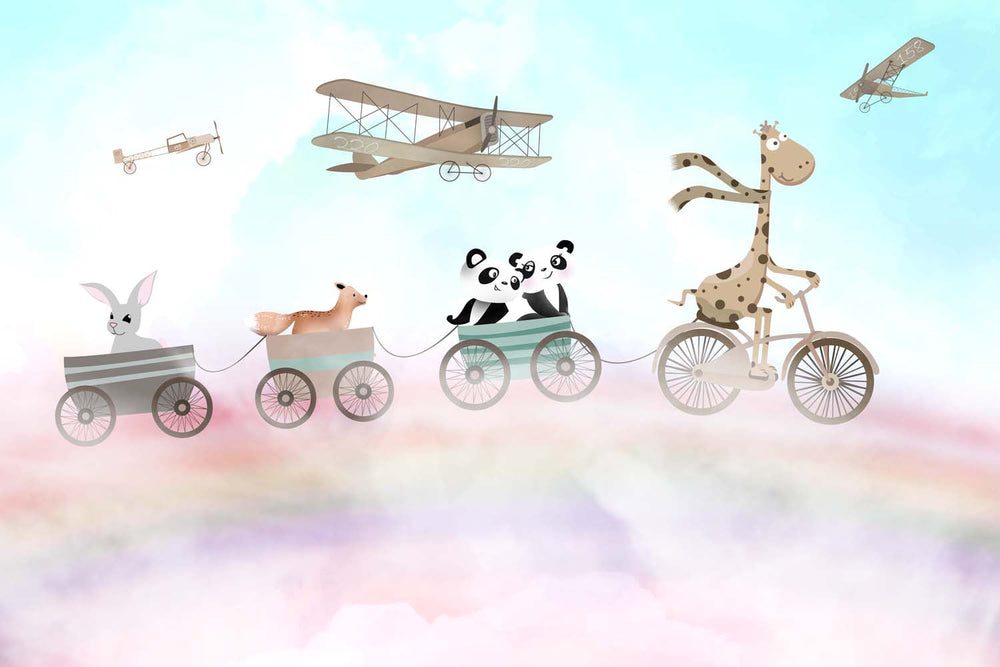 Tapet Personalizat Lumea Animalelor cu animalute plimbandu-se in trenulet peste curcubeu - FLYING OVER THE RAINBOW