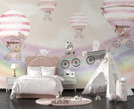 Tapet Personalizat Lumea Animalelor cu animale exotice in trenulet si baloane cu aer cald peste curcubeu - MAGICAL FLIGHT