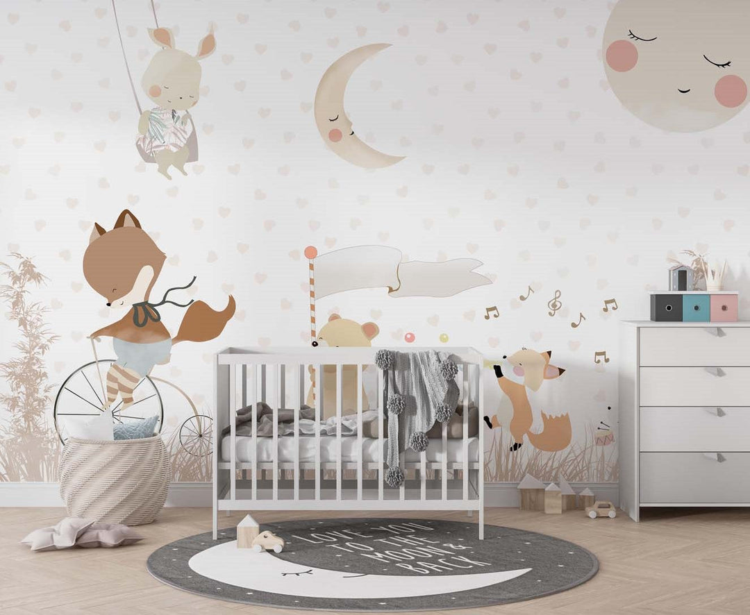 Tapet Personalizat Lumea Animalelor cu animale cantand pe un fundal cu inimioare bej  - BEIGE HEARTS MUSICAL