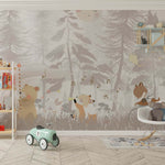 Tapet Personalizat Lumea Animalelor cu animale cantand prin padurea bej  - BEIGE FOREST MUSICAL