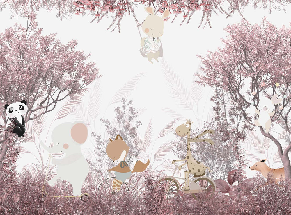 Tapet Personalizat Lumea Animalelor cu animale calatoare prin padurea cu copaci roz  - PINK FOREST TRAVELS