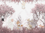 Tapet Personalizat Lumea Animalelor cu animale calatoare prin padurea cu copaci roz  - PINK FOREST TRAVELS