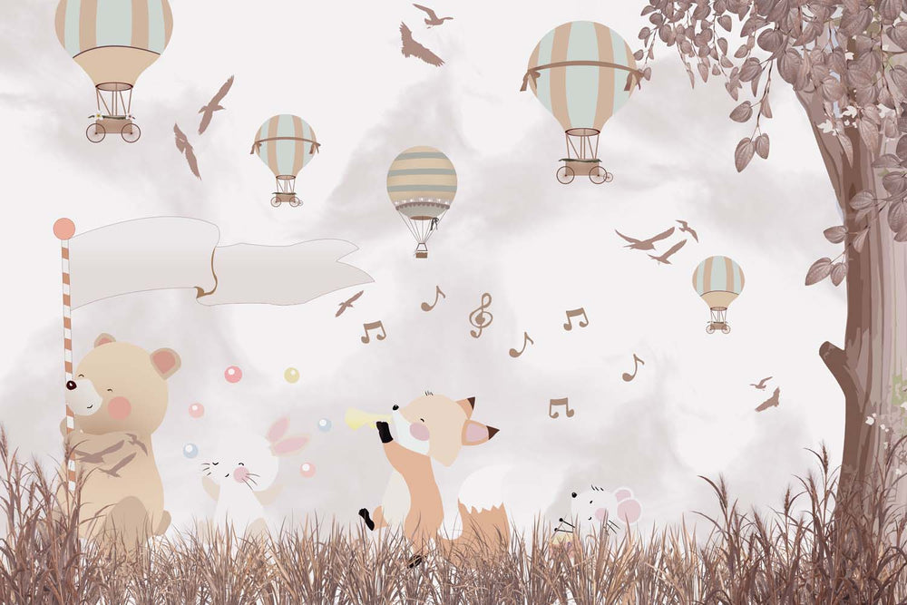 Tapet Personalizat Lumea Animalelor cu animale cantand in padure cu vegetatie bej maro - SINGING THROUGH THE FOREST