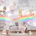 Tapet Personalizat Lumea Animalelor cu animale, baloane cu aer cald si curcubee - PURPLE MERGING RAINBOWS