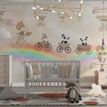 Tapet Personalizat Lumea Animalelor cu animale in trenulet peste curcubee si baloane cu aer cald in nuante de bej  - BEIGE MERGING RAINBOWS